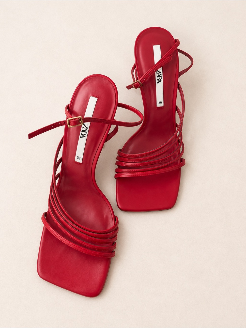 Zara Red Strappy Stiletto Square-Toe Heels with Ankle Strap / 4” / Minimalist